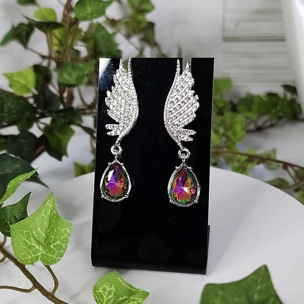 Silver Crystal Feather with AB Teardrop Stone New